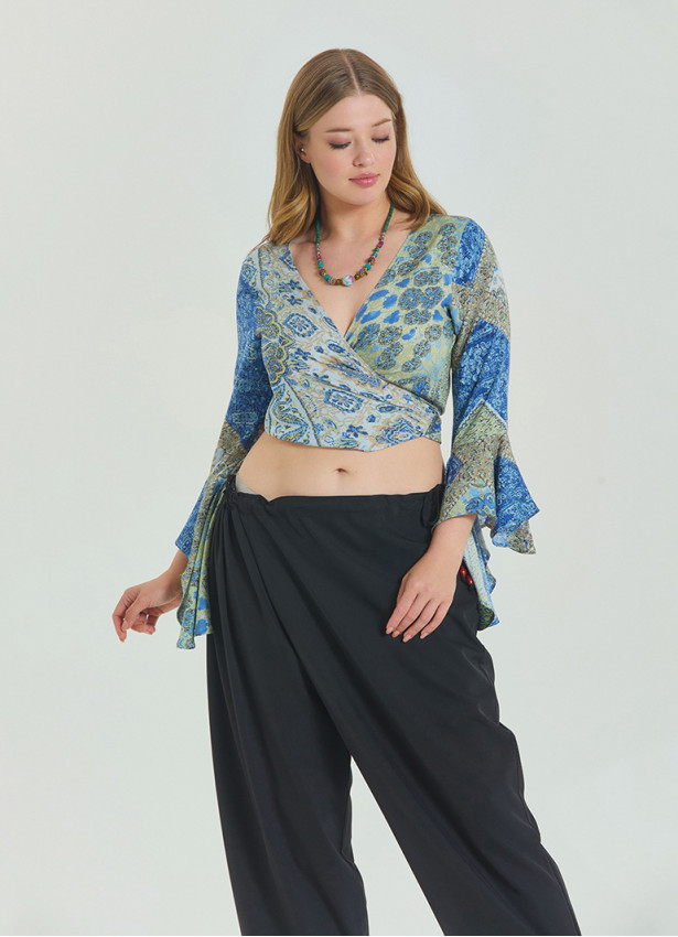 Tied Spanish Sleeve Blue Plus Size Blouse 4624